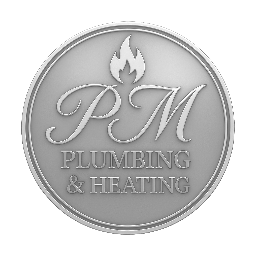 pm plumbing heating & bathrooms logo upscaled transparent light greyscale